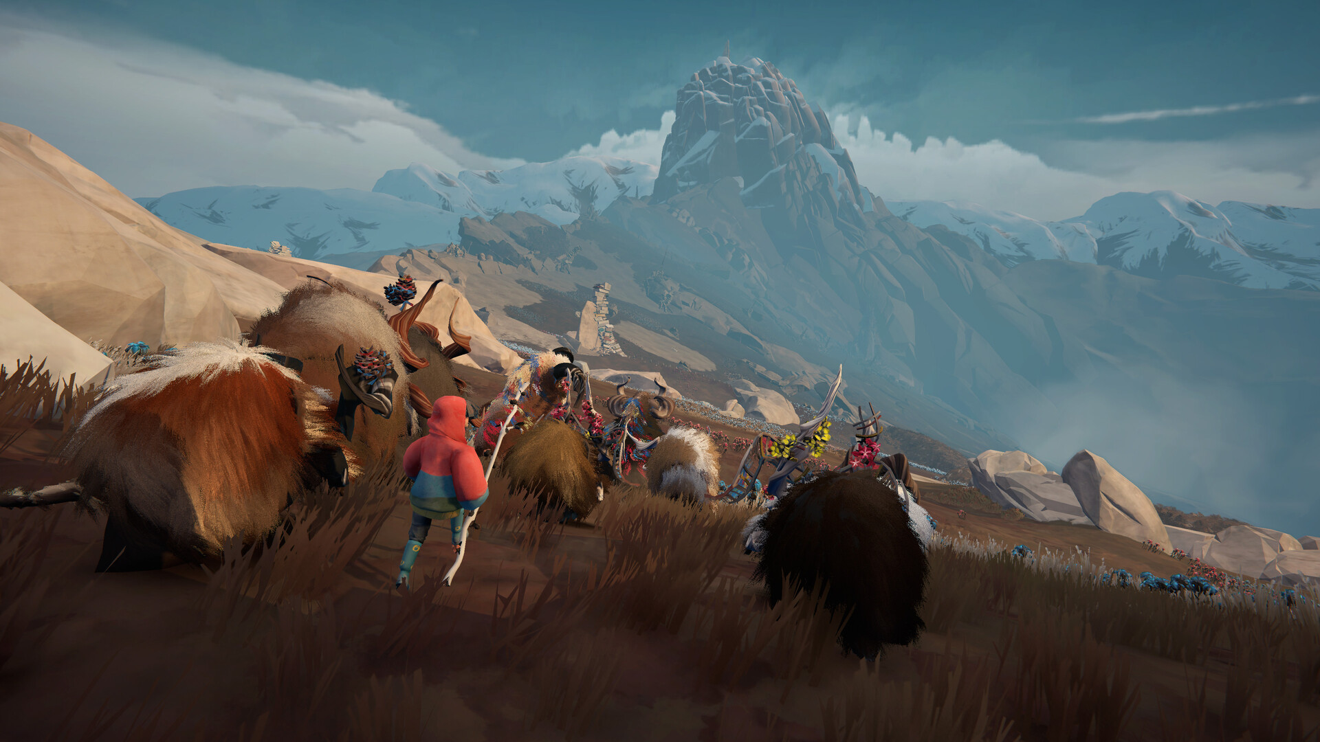 Official Herdling screenshot: the shepherd and calicorns on a path facing a rocky mountain.