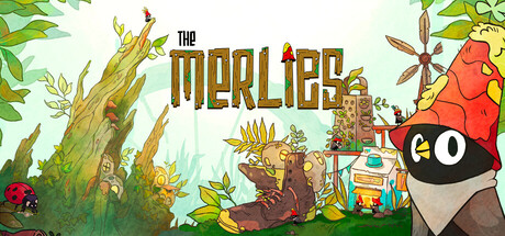 Official The Merlies Steam artwork, with its logo, birds and a village among plants.