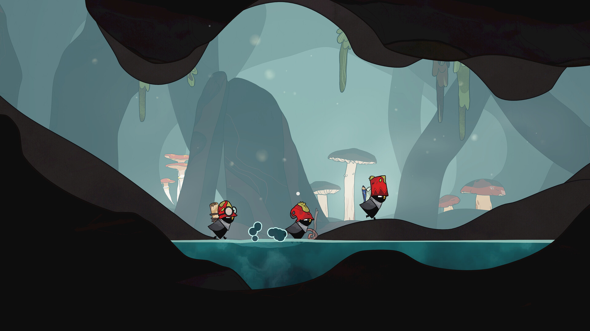 Captura oficial de The Merlies: tres pájaros recorren una cueva con hongos y agua.