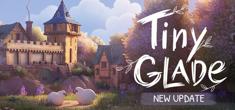 Official Tiny Glade store artwork, with its logo, a castle and sheep.