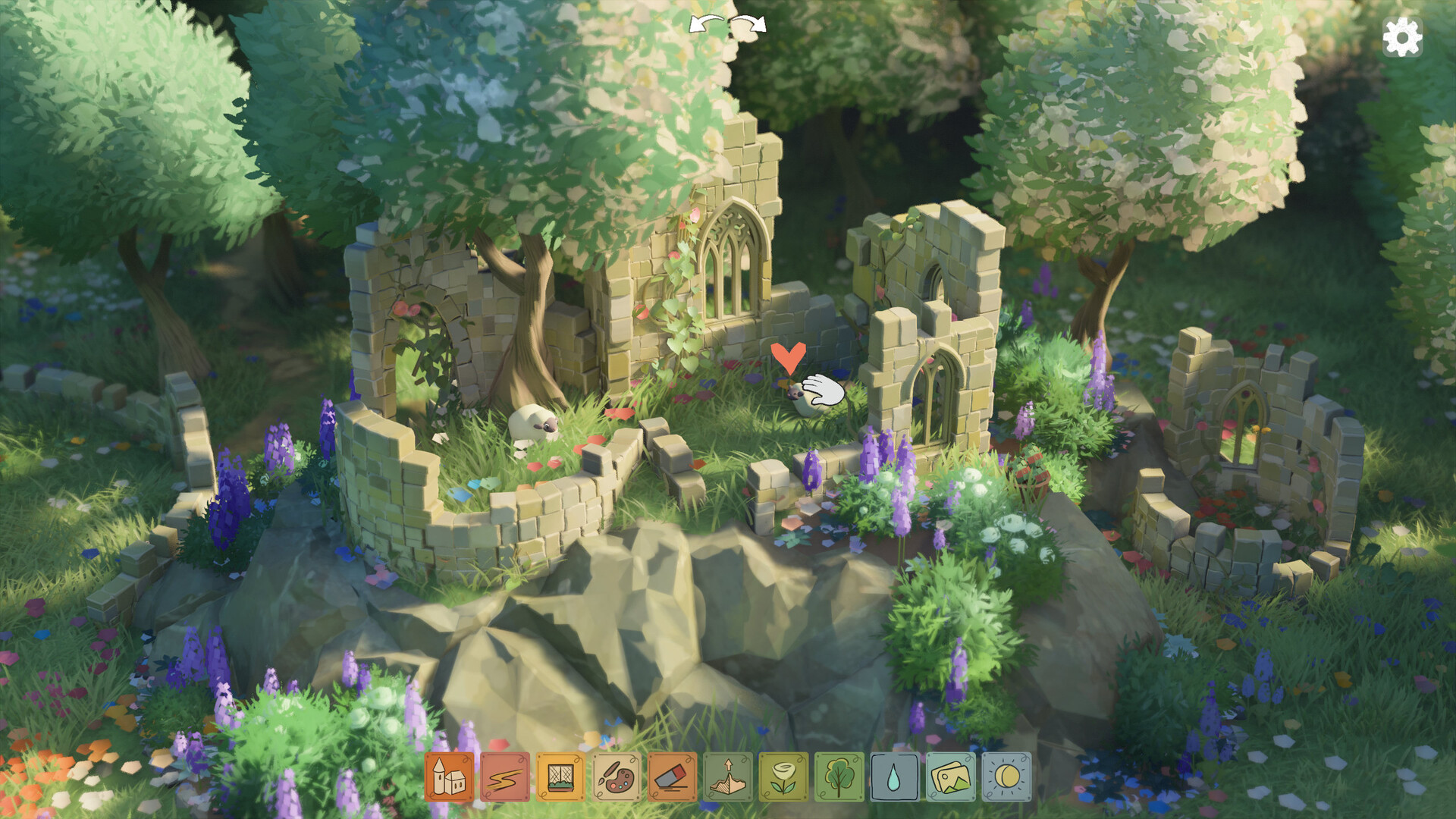 Captura oficial de Tiny Glade: ruinas de piedra entre árboles y flores, con dos ovejas y herramientas de construcción.